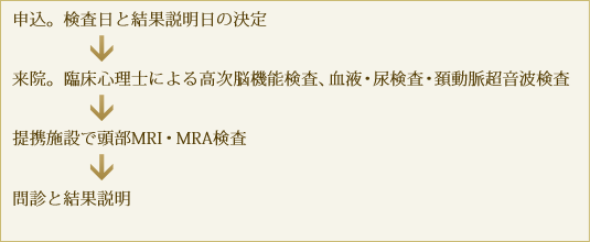 申込。検査日と結果説明日の決定　来院。臨床心理士による高次脳機能検査、血液・尿検査・頚動脈超音波検査　青山病院で頭部MRI・MRA検査　問診と結果説明