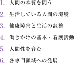 1.人間の本質を問う。2.生活している人間の環境。3.健康障害と生活の調整。4.働きかけの基本・看護活動。5.人間性を育む。6.各専門領域への発展。