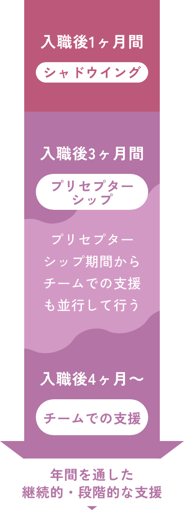 1ヶ月間、シャドウイング→3ヶ月間、プリセプターシップ→4ヶ月以降、チームでの支援
