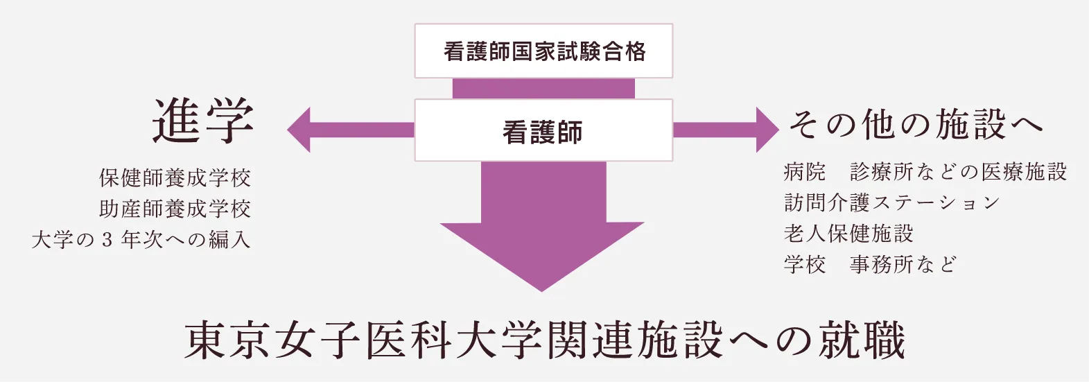 看護師国家試験合格後は看護師になり、進学（保健師養成学校・助産師養成学校・大学の3年次への編入）・その他の施設へ（病院 診療所などの医療機関・訪問介護ステーション・老人保健施設・学校・事務など）・東京女子医科大学関連施設への就職